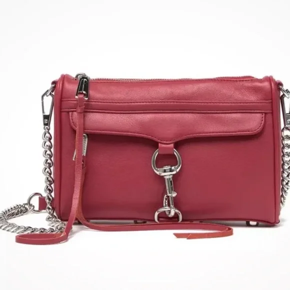 Rebecca Minkoff Red Leather Mini Mac Crossbody Bag Silver Chain Strap Designer - Picture 1 of 16